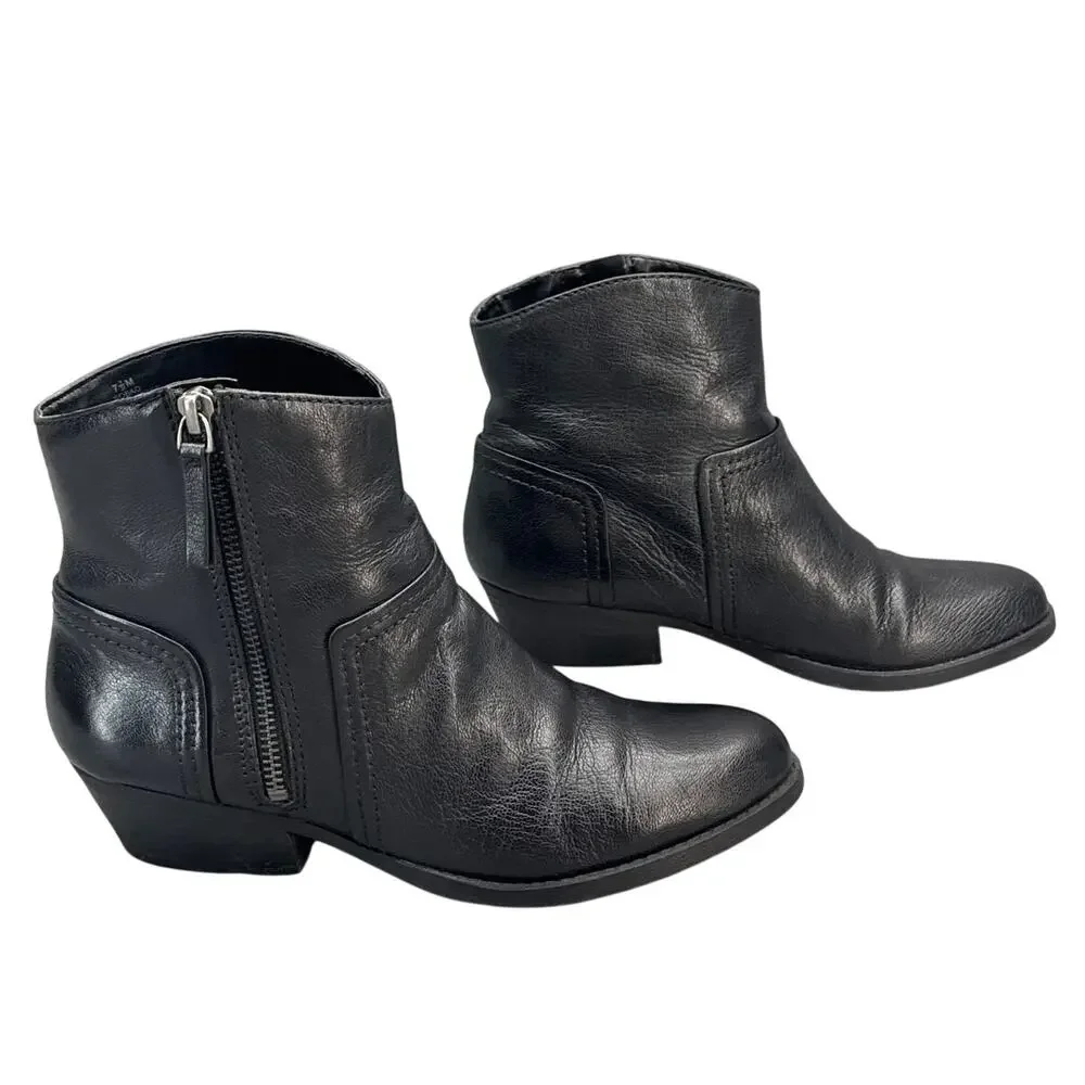 Nine West Black Leather Western Side Zip Ankle Bootie Women 7.5